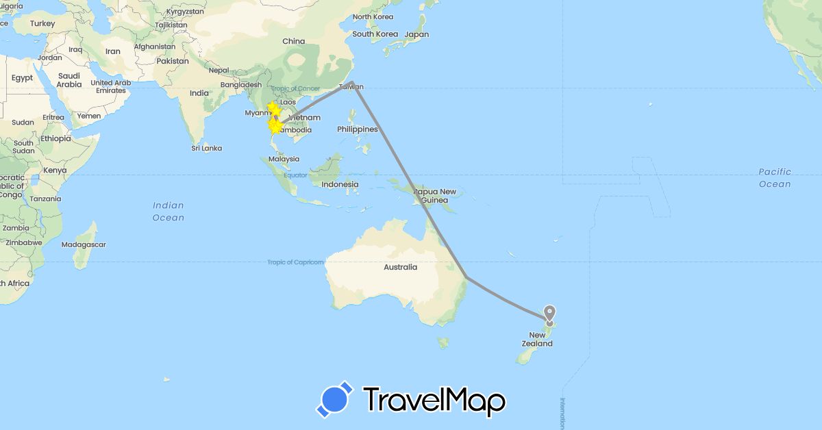 TravelMap itinerary: driving, plane, train, boat in Australia, New Zealand, Thailand, Taiwan (Asia, Oceania)